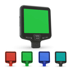 Isolated render of a modern vehicle monitor with a green screen display and multiple color options, offering a clear view on white