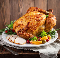 Classic Cheesecloth Turkey on a plate. Isolated on a wooden background.