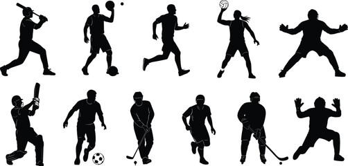 Vector Collection of Diverse Athletes Silhouettes Playing Cricket, Baseball, Soccer, Hockey, and Volleyball Illustrating Popular Sports Games and Action