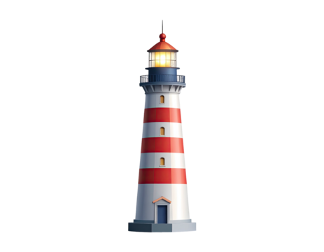 Cartoon lighthouse with alternating red and white stripes; lit lamp; dark, black background