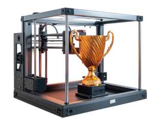 Modern 3D printer showcasing a golden trophy on a dark surface, studio lighting