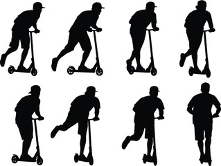 Vector Collection of Kick Scooter Rider Silhouettes Illustrating Young People Riding Push Scooters in Various Dynamic Action Poses for Fun and Transport