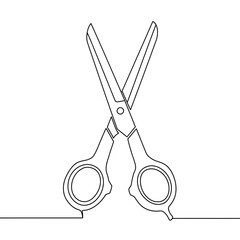 Minimalist one line drawing of open scissors for cutting or trimming with a continuous stroke