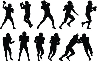 Vector Collection of American Football Player Silhouettes in Various Dynamic Action Poses Illustrating Passing, Catching, Running, and Blocking Movements