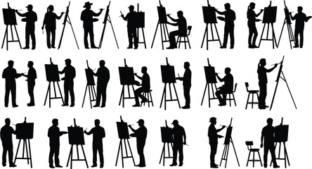 Large Group of Artist Silhouettes Painting on Easels Vector Collection Illustrating Diverse People Engaged in Creative Art and Hobby Activities