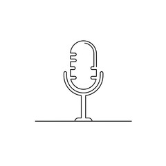 Minimalist microphone illustration on white background showcasing audio technology and broadcasting equipment in line art style