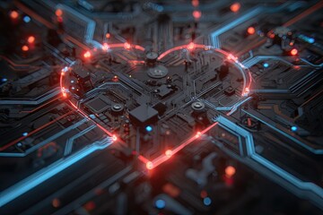 Abstract circuit board with a glowing heart shape