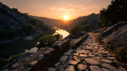 Golden sun rising above river with ancient stone trail