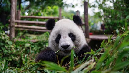 Fototapeta premium Giant panda munching on bamboo in a lush green enclosure. Concept Giant Panda, Bamboo, Lush Enclosure, Wildlife Photography, Cute Animals