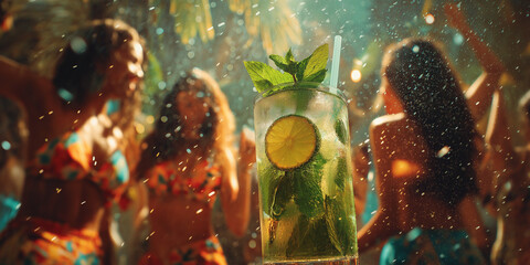 Tropical setting, background sea, cheerful people dancing to Latin rhythms, and the focus on a mojito cocktail in the center of the image