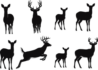 Majestic Black and White Deer Family Silhouettes Set: Stag, Doe, Fawn, Running, Standing, Forest Wildlife Icon Vector Collection Isolated.