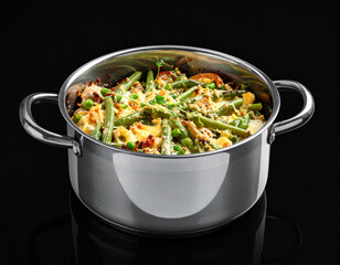 A pot of Green Bean Casserole isolated on a black background 