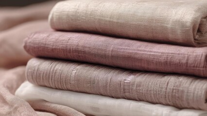 A neat stack of folded pastel-colored fabrics with a textured linen-like weave. Concept Pastel fabrics, Folded linen texture, Textured textiles, Soft color palette, Stacked fabric folds