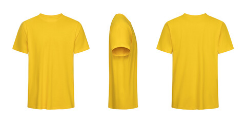 Yellow tshirt mockup three views front side and back isolated