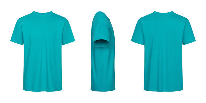 Teal t shirt mockup front side and back views on white background