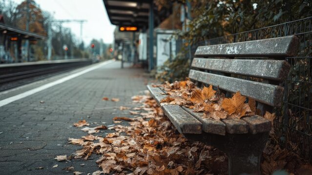 An empty wooden bench on a train station platform covered with autumn leaves, with tracks receding in the background. Concept Autumn train station bench, Leaves on platform, Receding tracks - Powered by Adobe