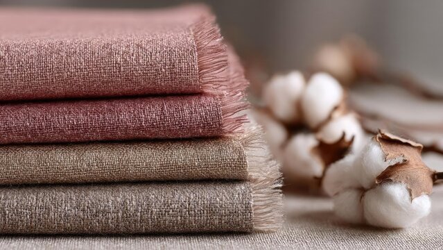 Stack of folded pink and beige textiles on a textured surface with cotton bolls in the background. Concept Pink and beige folded textiles, Textured surface, Cotton bolls in background