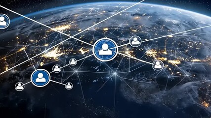 Global network connections illustrated with digital avatars over a night view of Earth - Powered by Adobe