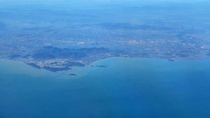 Aerial view of west coast of Thailand with coastline landscape, Prachuap Khiri Khan, Gulf of Thailand, Southeast Asia.