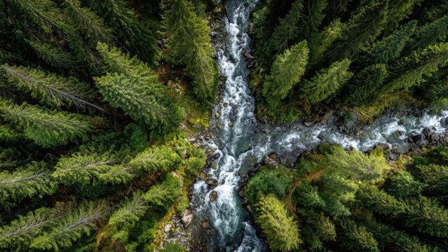 Aerial view of a narrow rocky river winding through a dense evergreen forest, whitewater rushing over boulders. Concept Aerial river landscape, Narrow rocky river, Evergreen forest - Powered by Adobe