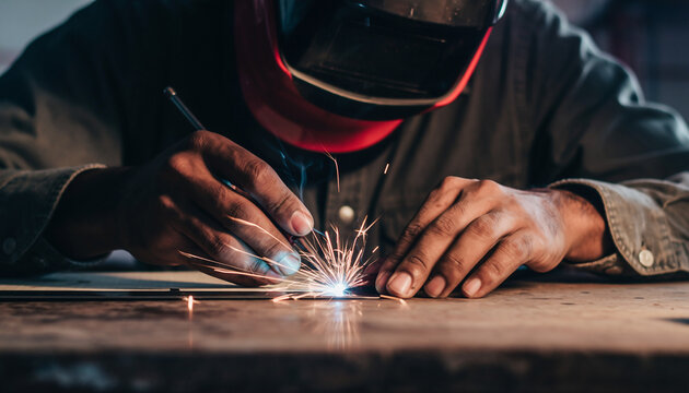 Expert welder skillfully crafting metalwork with sparks flying in industrial workshop, embodying precision and craftsmanship for manufacturing excellence