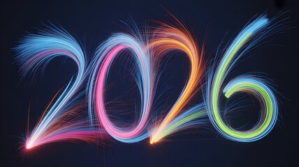 Abstract neon explosion of color in motion creating dynamic light trails that shape the glowing numbers 2026 in the air with vibrant futuristic energy and a dramatic visual effect