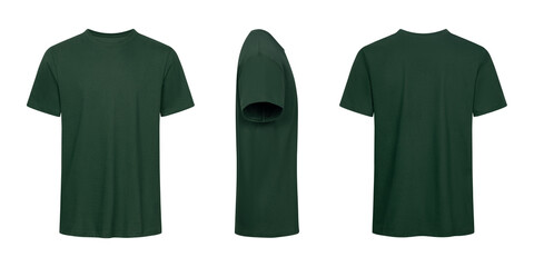 Three views of a dark green unisex short sleeve tshirt mockup © SaifulIslam