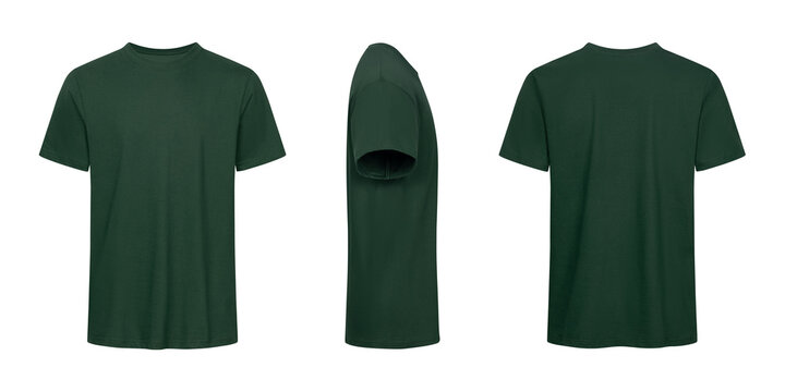 Three views of a dark green unisex short sleeve tshirt mockup