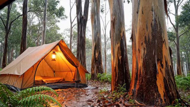 Serene woodland campsite with illuminated tent surrounded by tall trees at dusk