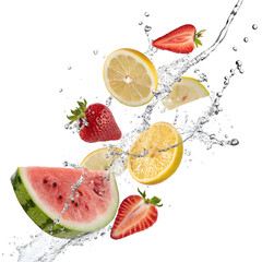 Fresh watermelon, lemons, and strawberries splash in crisp water, perfect for vibrant summer recipes and healthy lifestyle content or juice bar promotions