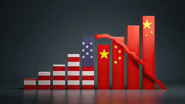 Bar graph illustrating a downward trend, comparing financial performance of two nations with their flags