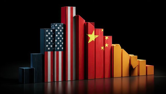 A 3D bar graph depicts financial interplay between two nations, showing upward & downward trends