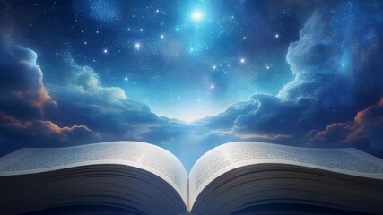 Mystical Open Book with a Starry Galaxy Sky and Clouds Unfolding the Universe of Knowledge and Imagination