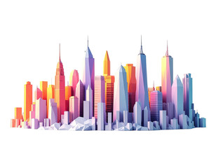 A stylized cityscape illustration featuring colorful buildings with geometric, polygon shapes