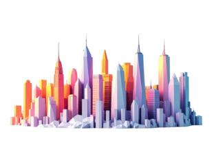 A stylized cityscape illustration featuring colorful buildings with geometric, polygon shapes