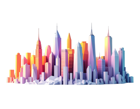 A stylized cityscape illustration featuring colorful buildings with geometric, polygon shapes