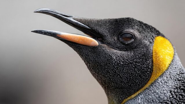 Close-up of a penguin with a bright yellow neck patch. Concept Penguin close-up portrait, wildlife photography, bright yellow neck patch, icy Antarctic scene, curious gaze