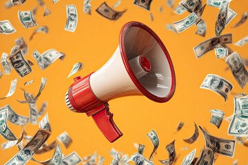 Megaphone surrounded by falling money