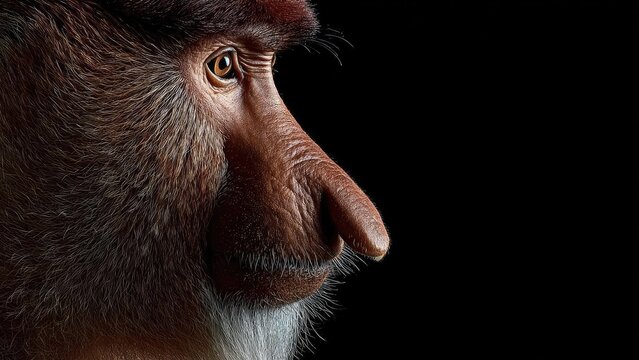 Close-up profile of an orangutan's face against a black background, showing brown fur, a prominent eye, and a long snout. Concept Orangutan Portrait, Close-Up, Long Snout, Prominent Eye