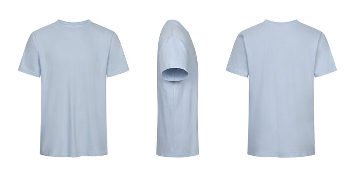 Plain light blue t shirt mockup template front back and side views