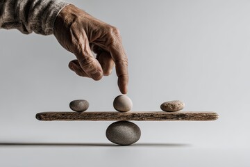 An aged hand carefully balances stones on a wooden plank atop a larger stone, symbolizing equilibrium