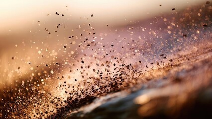 Close-up of sunlit sea spray as tiny sand particles are tossed by a breaking wave. Concept Sunlit sea spray close-up, motion of tiny sand particles, breaking wave texture, shimmering water droplets
