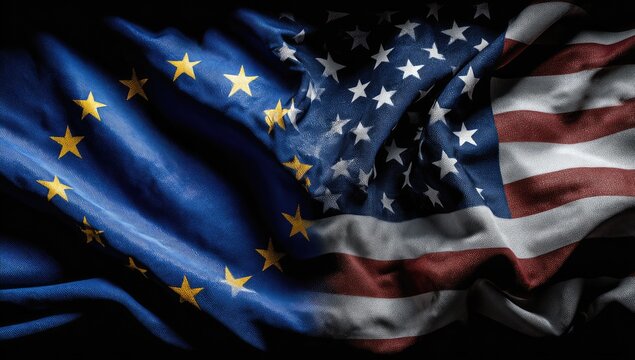 A draped composition merging the European Union and United States flags on dark background - Powered by Adobe
