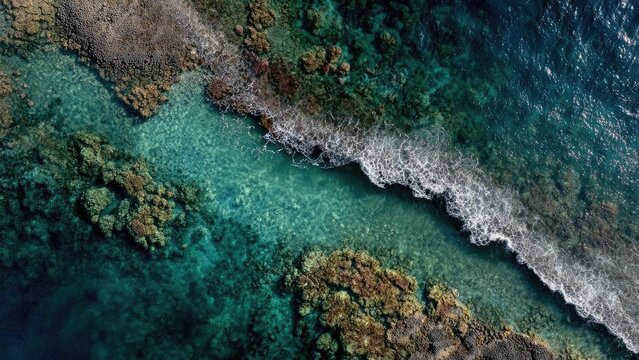 Aerial view of turquoise sea around a coral reef with white waves breaking on a rocky shoreline. Concept Turquoise sea, Coral reef, Aerial view, White waves breaking, Rocky shoreline