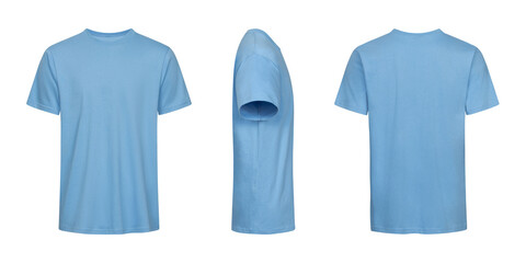 Blank light blue tshirt template front side and back view isolated