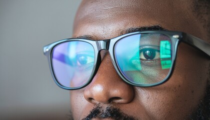 Focused African American man wearing glasses reflecting digital screen for tech blog, eye health awareness, software development and modern lifestyle concepts