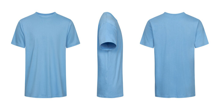 Blank light blue tshirt template front side and back view isolated