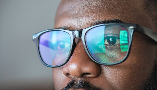 Focused African American man wearing glasses reflecting digital screen for tech blog, eye health awareness, software development and modern lifestyle concepts