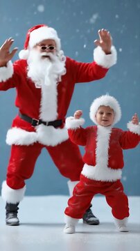 Joyful santa and child dancing in falling snow during christmas celebration