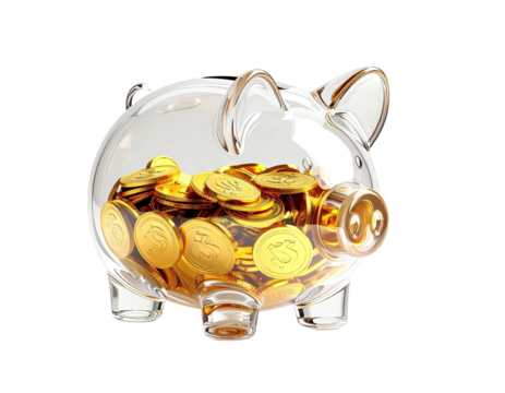 Transparent piggy bank overflowing with golden coins, signifying savings and financial growth